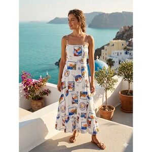 Anthropologie Label of Love Linen Blend Postcard Print Maxi Dress White Blue XL